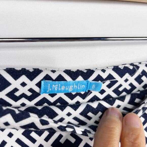 J McLaughlin 6 Navy Blue White Mixed Geometric Print Mini Pencil Skirt Side Zip - Picture 6 of 9